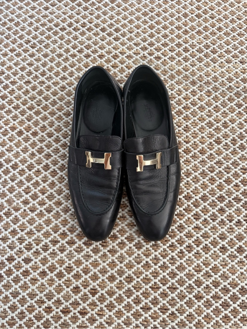 Black Leather Hermes Paris Loafers with Champagne Hardware
